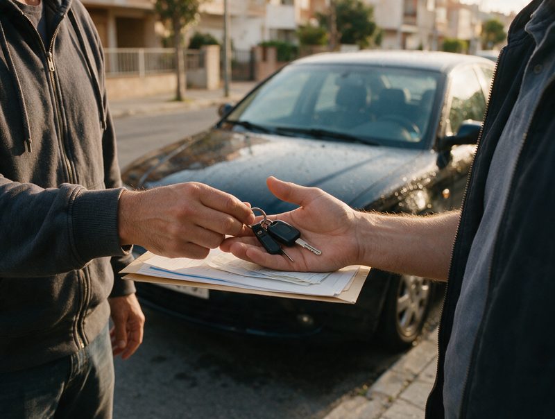 Entrega de las llaves y la documentación de un coche en una calle española