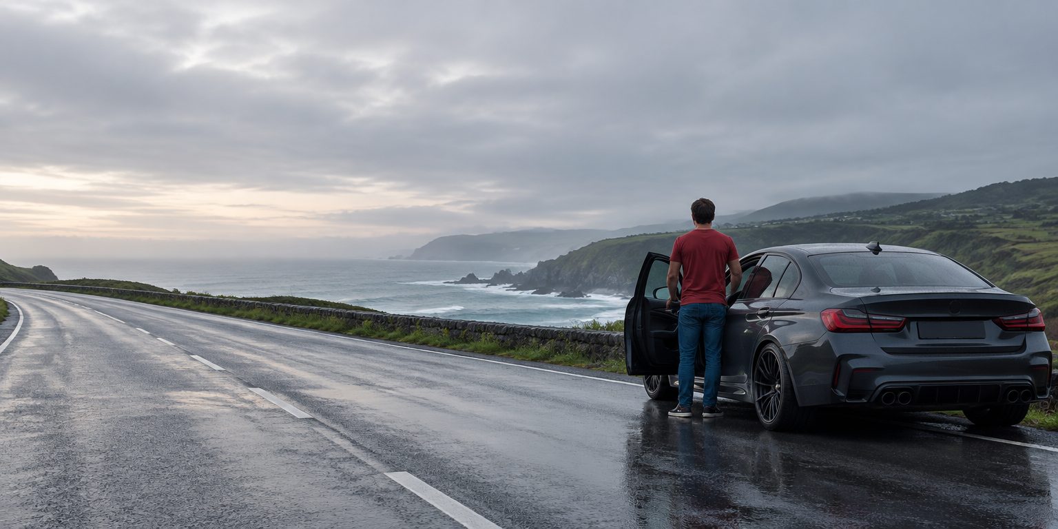 Coche alemán aparcado en una carretera de la costa asturiana al amanecer